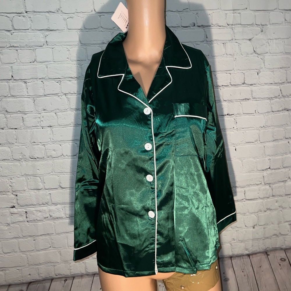BRAND NWT Dark Green Silky button down top size M